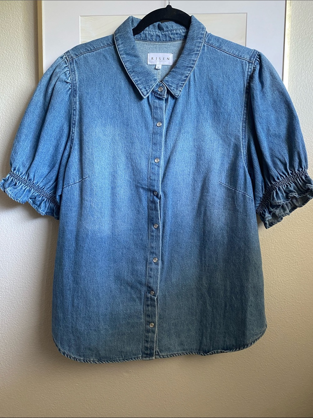 Risen Denim Snap Button-Front Puff Sleeve Top, Sz XL (fits L)